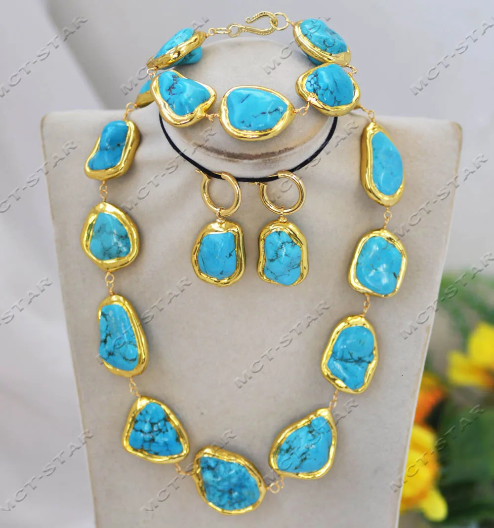 Z13015 set large 34mm Baroque blue gold-plated rough stone turquoise necklace bracelet earrings 241115