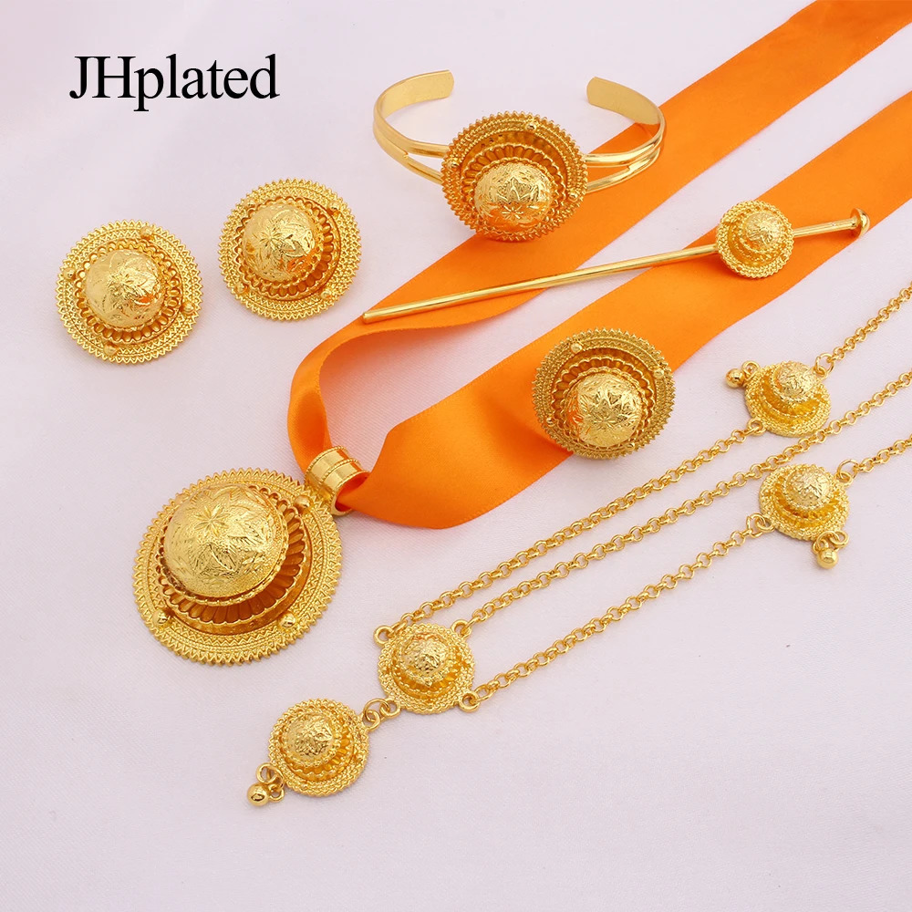 Gold Bridal Jewelry Set Suitable for Women Ethiopian Red Rope Pendant Hairpin Earrings Bracelet Rings Wedding Gifts 241115