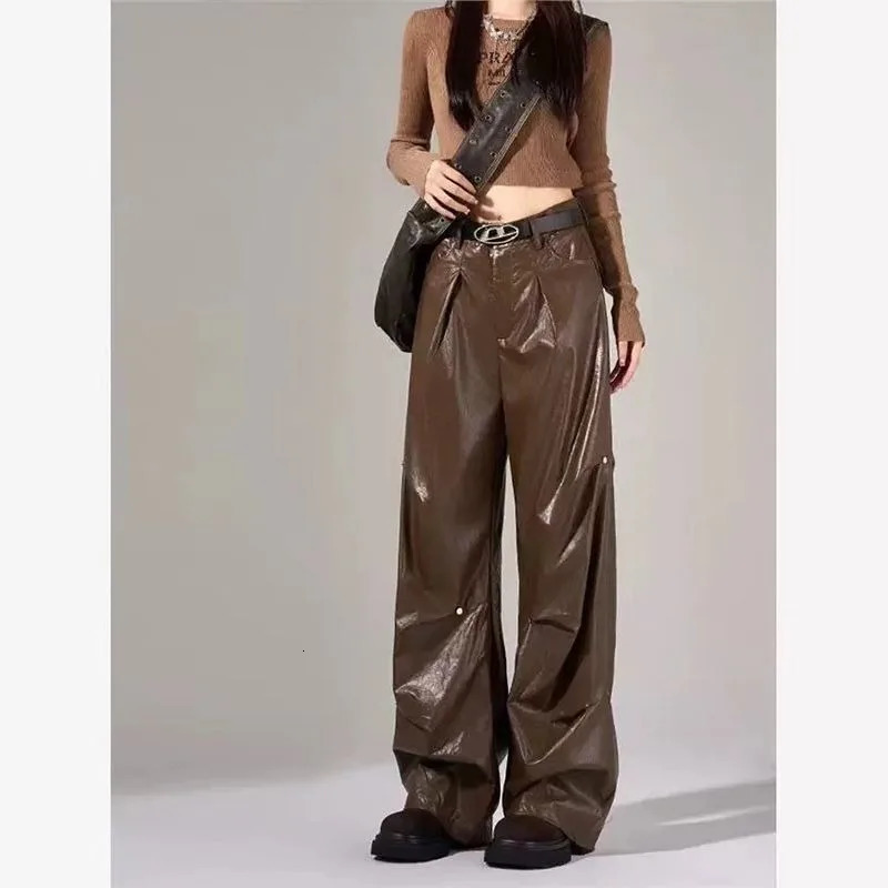 Trendy Autumn American Retro oversized womens leather pants with loose and slim fit ned wrinkles straight leg wide 241115