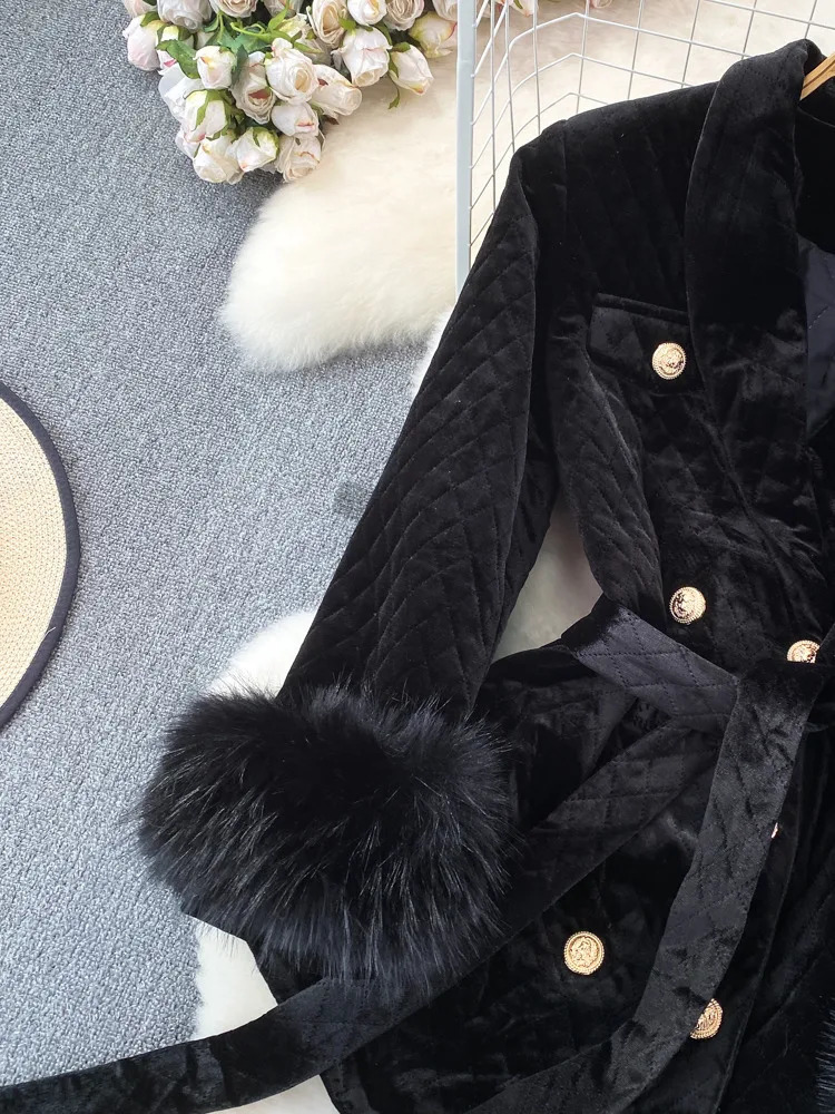 XFPV Womens Velvet Feather Lace Korean Double Chest Jacket with Collar and Long Sleeve Warm Coat Winter SM9917 241115