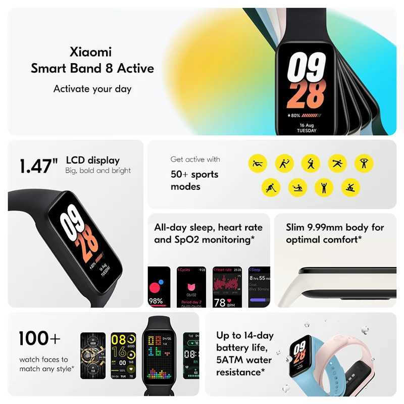 Xia Mi Band 8 Active Global Version Smart Bracelet 8 Color 1.47 LCD Display 50+Sports Mode Blood Oxygen Monitoring Wristband Y241114