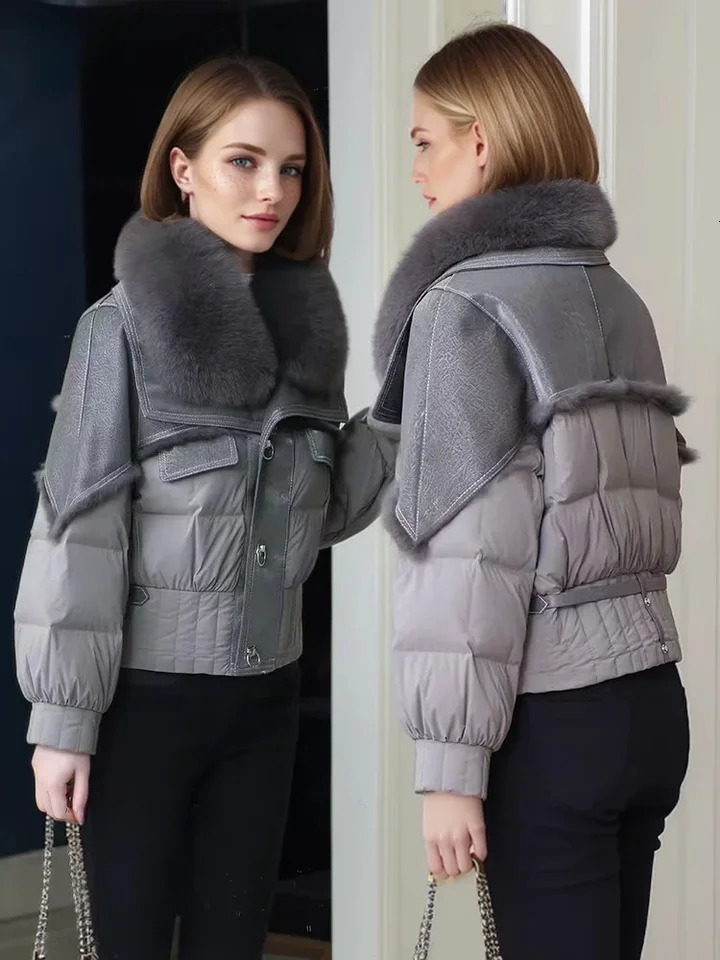 Womens Fur Down Jacket Coat 2024 Short Style Outerwears Natural Collar White Goose Sheepskin Fabric 241115