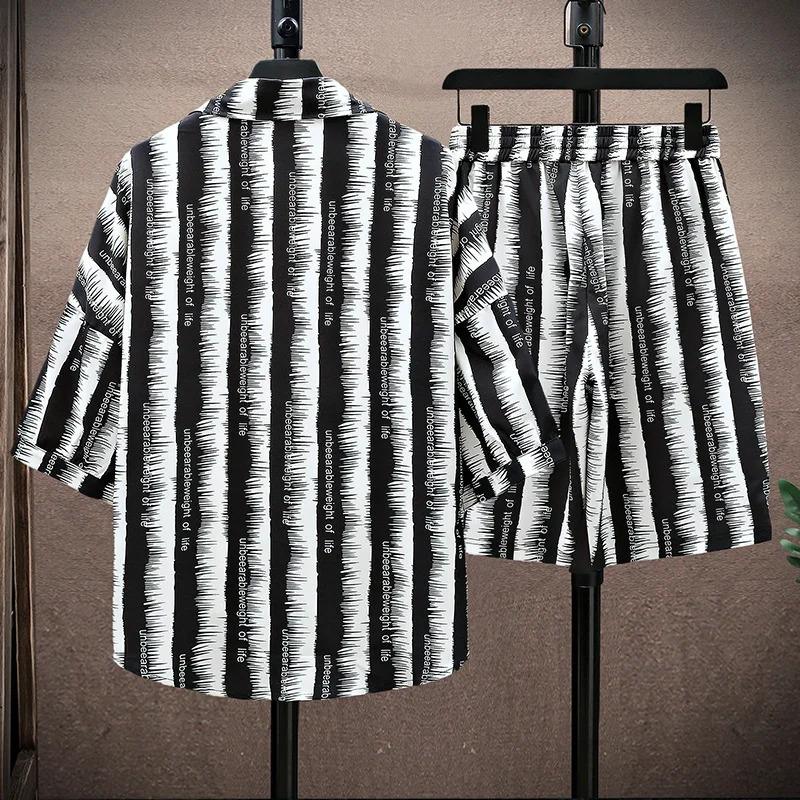 Summer Tracksuit Short Sleeve Shirt Shorts Set Men Sport Suit stripe Casual 2 Piece Outfits Male Sportwear Clothes For 240410
