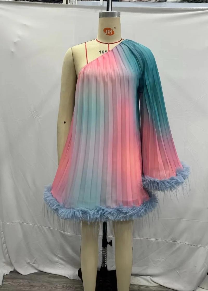 Casual Dresses Yojoceli Sexy One Shoulder Pleated Women Feather Dress Summer Female Party Short Loose Beach Gradient Fashion