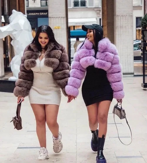 2023 European Style Cropped Stand Collar Faux Fur Jacket Long Sleeve Spliced Womens Real Coat For Winter Season 241115