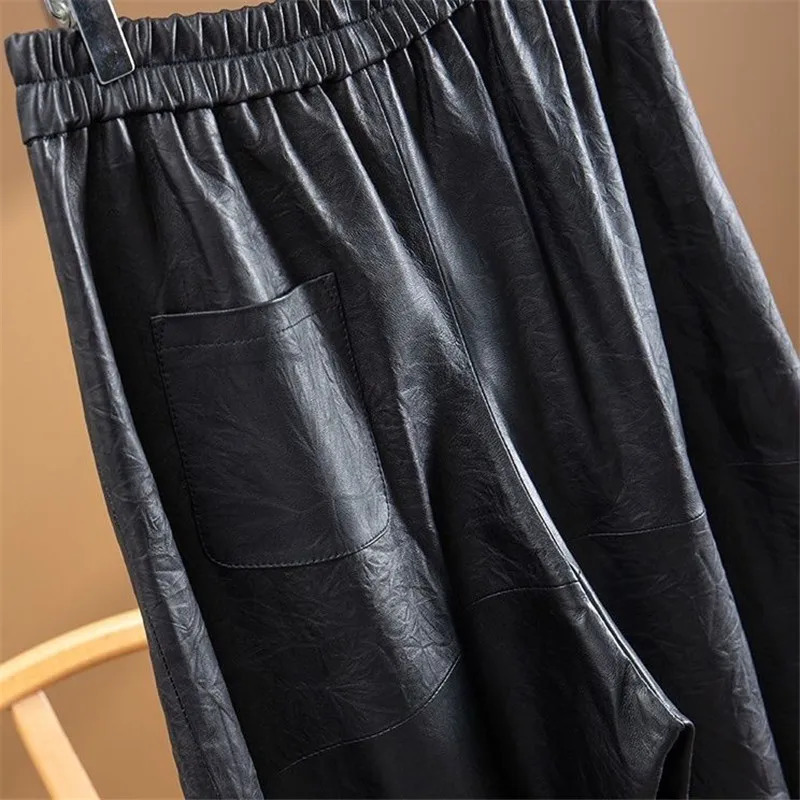 Limiguyue Street Wear Black PU Leather Pants Womens Pocket Elastic Waist Light Retro Autumn Winter Ankle Length Trouser E343 241115