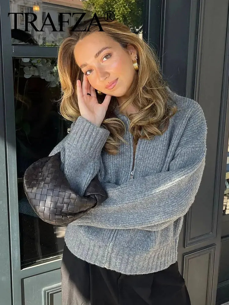 TRAFZA Women Vintage Solid Color Coat Long Sleeve Round Neck Sweater Jacket 2024 Spring Female Casual Zipper Coats 241115