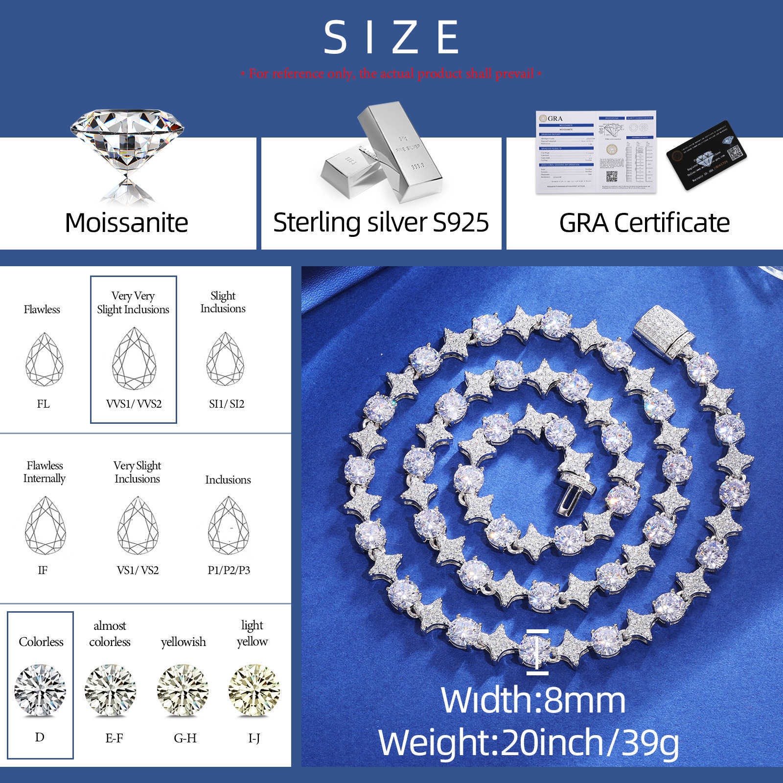 Sterg Sier Star Round Moissanite Tennis Chain Necklace New Design Hip Hop Couple Fine Jewelry Femme For Valentine