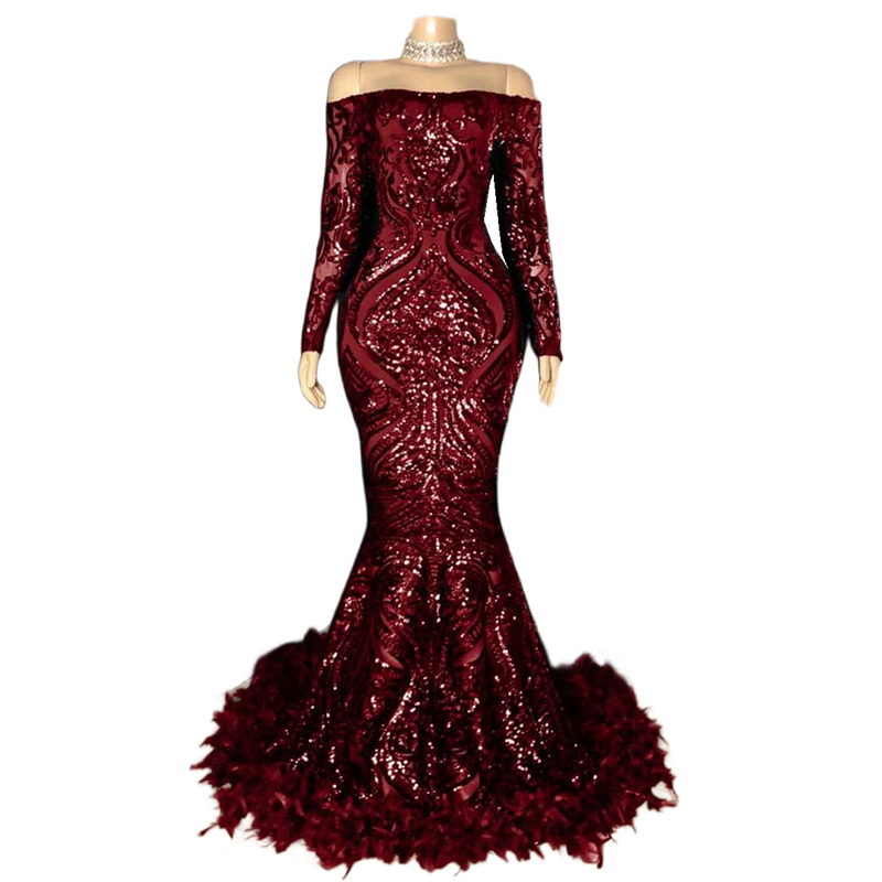 Glitter Burgundy Sequins Lace Prom Dresses Off Shoulder Long Sleeves African Black Girls Feathers Mermaid Formal Events Evening Gown 2025 Special Occa