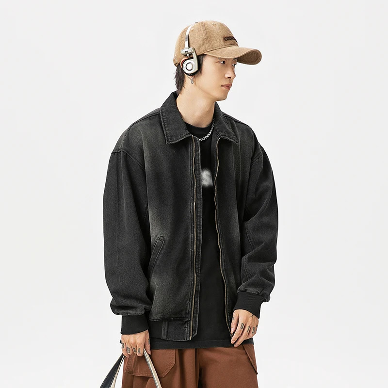 Mens denim jacket retro washed lapel jacket autumn fashionable loose denim jacket zipper n pilot workwear jacket 241115