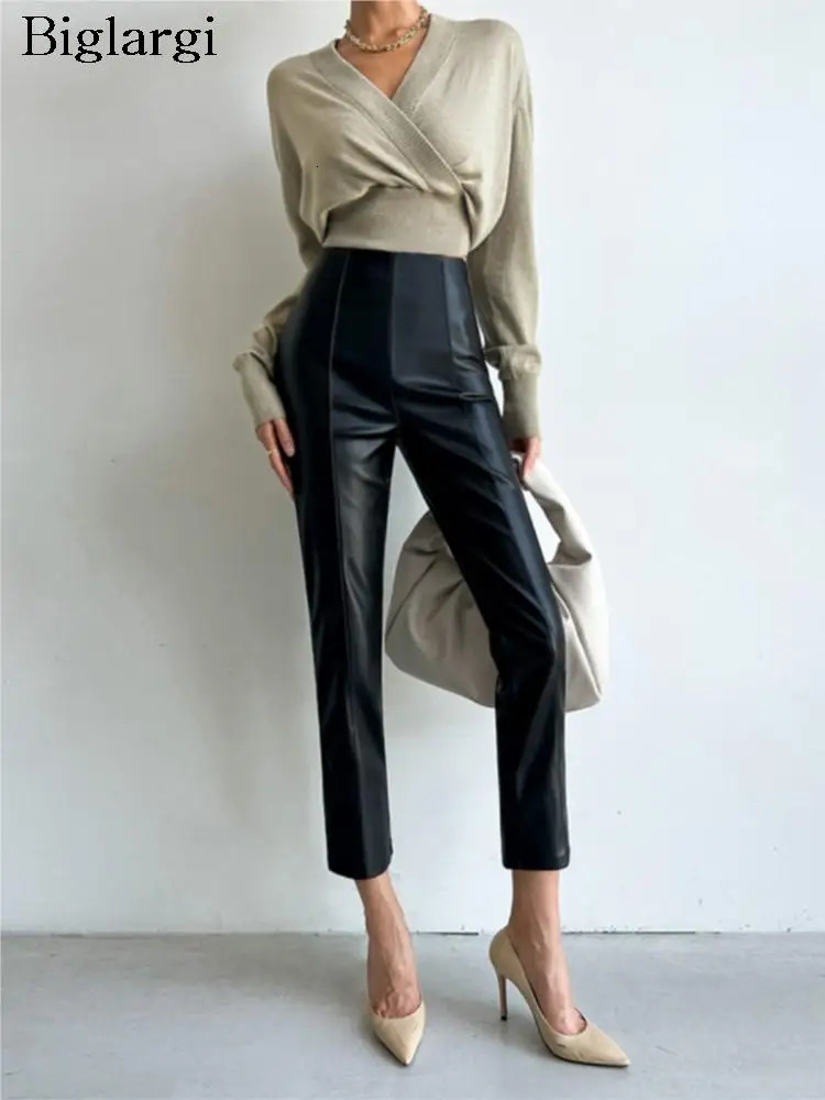 PU autumn and winter leather pencil pants for womens body fashion office high waisted Trouser casual 241115