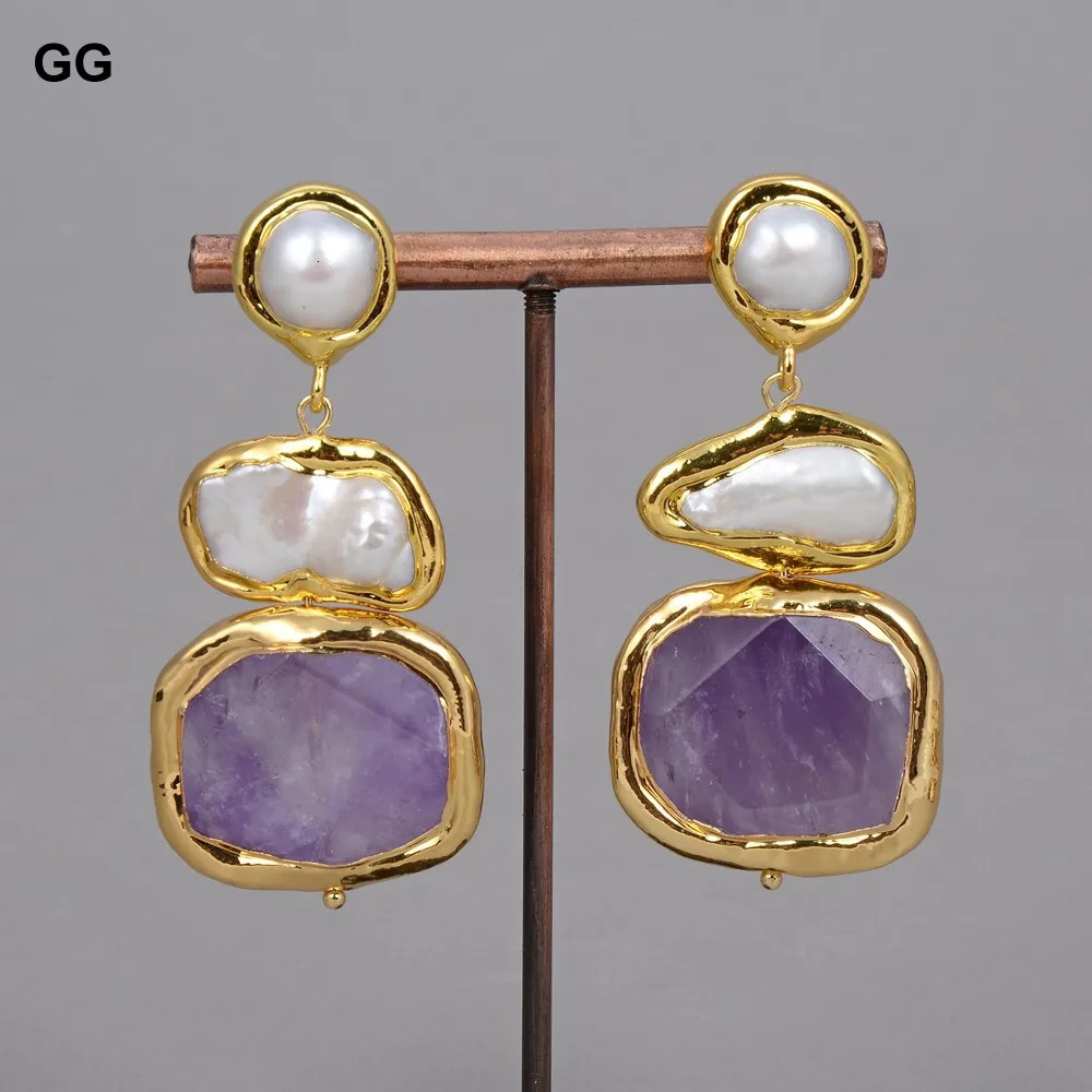 Guai Jewelry Natural Freshwater White Pipa Pearl Green Pearl Amethyst Gold Plated Pendant Necklace Bracelet Earring Set 241115