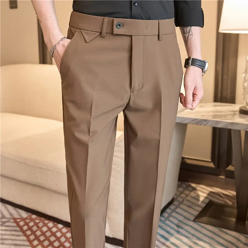 Mens set pants spring elastic waist solid slim fit dress for office casual mens wear 241115