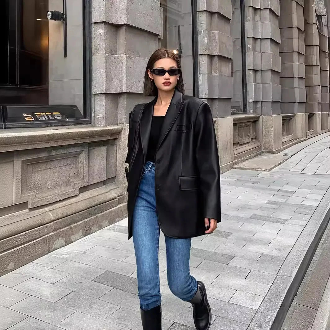 Ladies Fashion Black PU Leather Suit Jacket Spring and Autumn Highgrade Texture Solid Color Loose Small Woman 241115