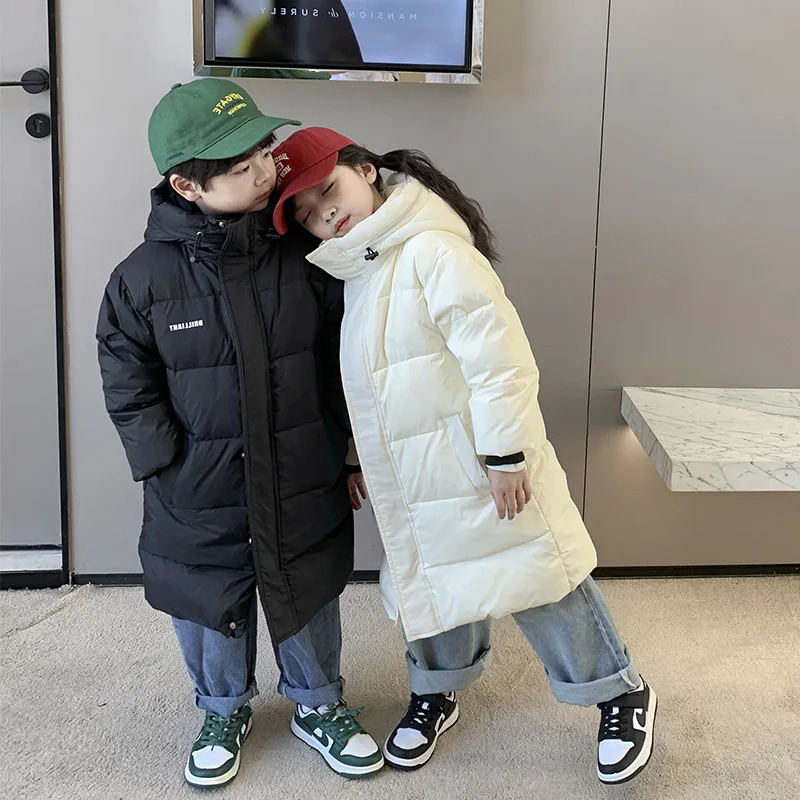 Childrens Long Coat White Duck Down Hooded Jacket Winter Boys Girls Warm Clothes Fashion Long Coat Kids Winter Clothes Jacket 241115