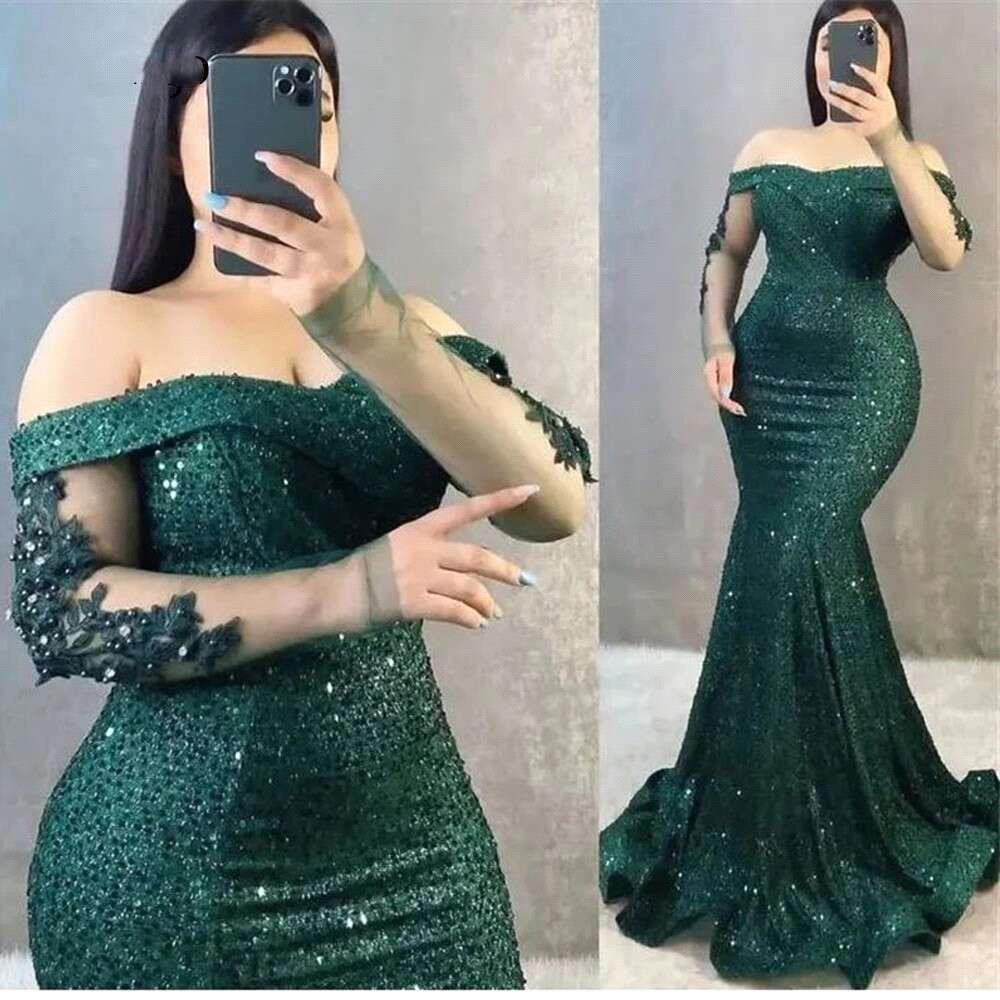 Glitter Bury Mermaid Evening Dresses Off The Shoulder Long Sleeves 3D Wers Party Gowns Women Formal Prom Dress Plus Size Bc19196 1115 0220