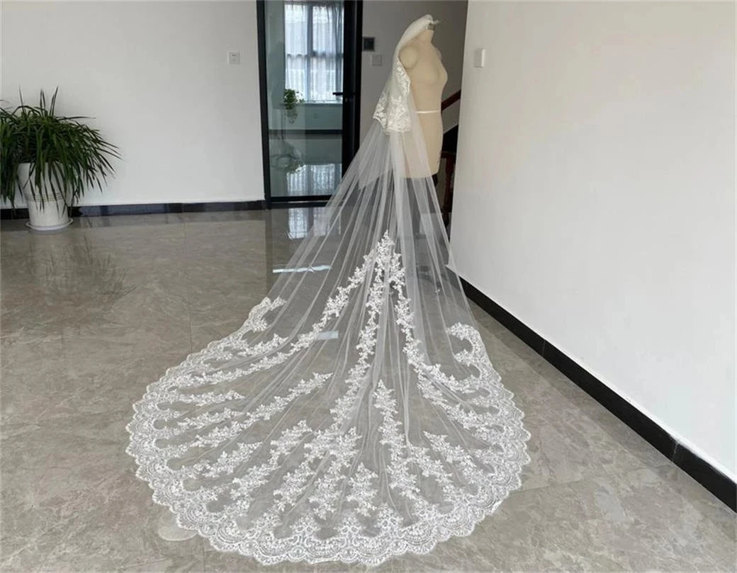 4M 5M White Ivory 2-Layer Wedding Veil Cover Lace Decal Veil with Comb Used for Bridal Cathedral Wedding Accessories 241115