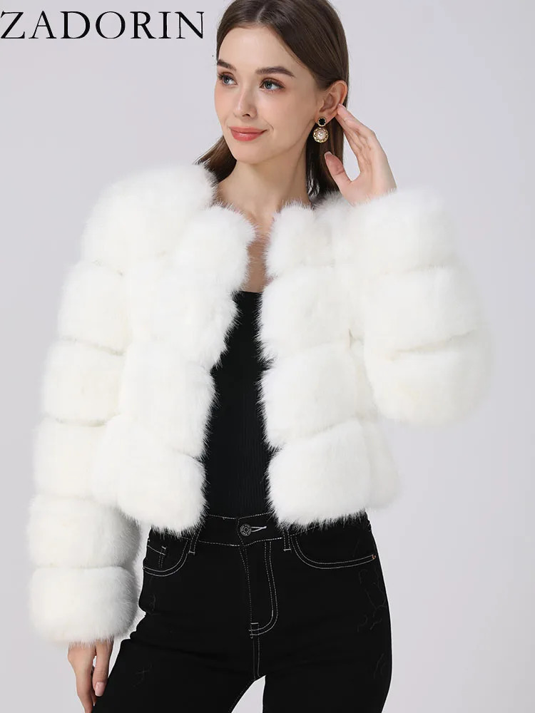 ZADORIN Faux Fur Coats Cropped Top For Women Jacket Winter 2024 Coat Fluffy White Tops 241115