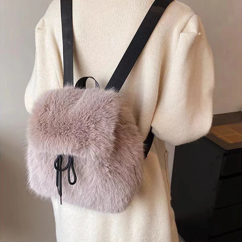 Plush Backpack Women Small Cute Drawstring Fluffy Bag Solid Soft Fleece Knapsack Winter Warm Fox Fur Mini Rucksack Sac 241114