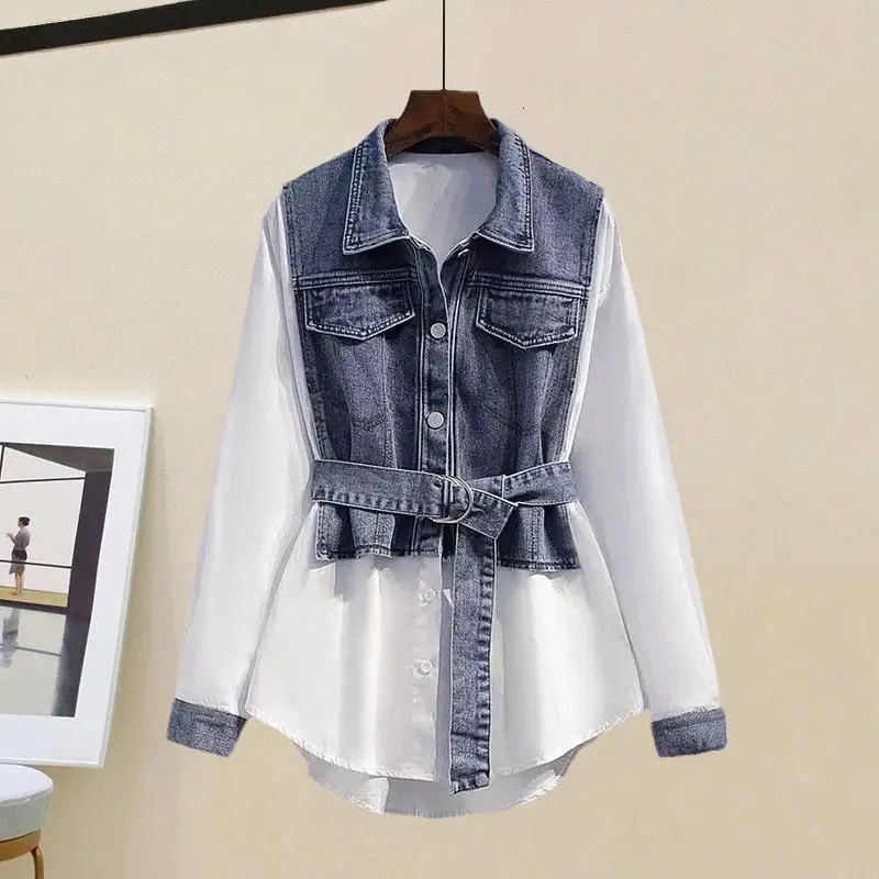 Spring Summer Loose Two Piece Dresses Set For Women Long Sleeve BlouseHigh Waist Denim Skirt twopiece Jeans Female 240415