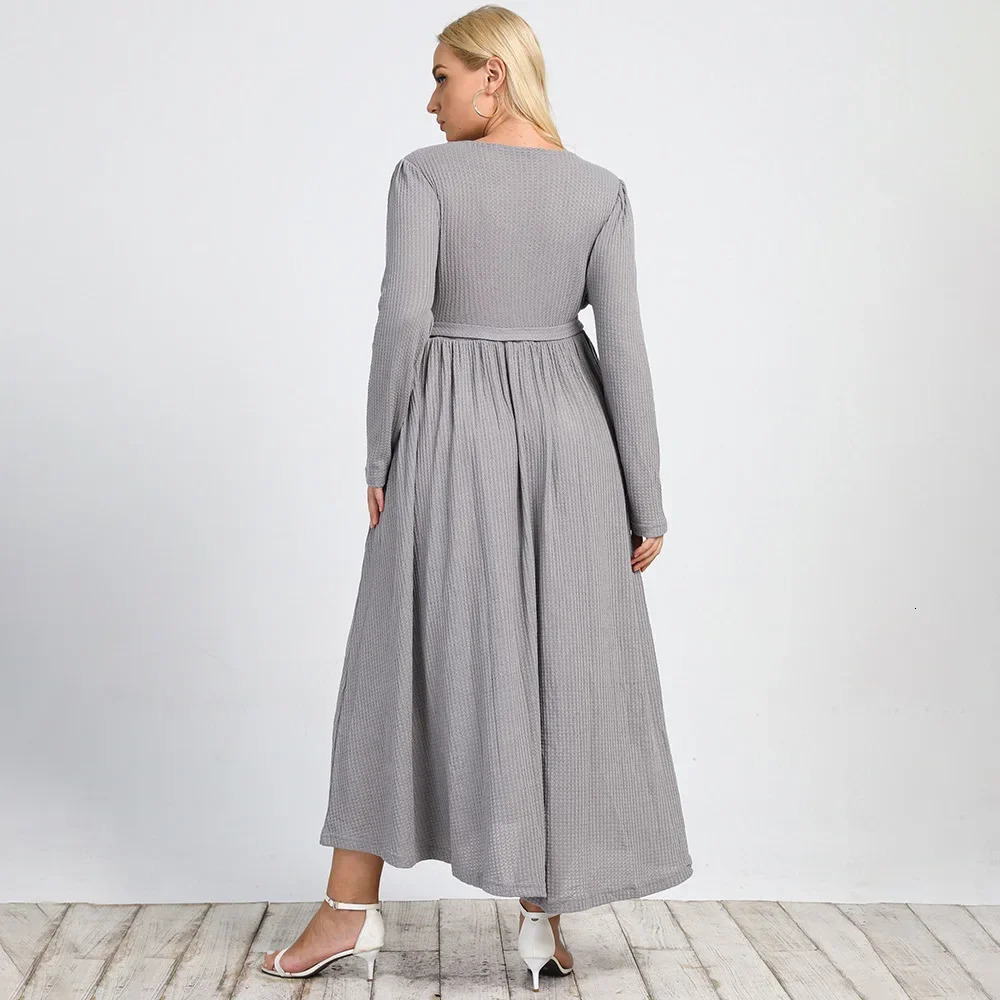 Plus Size Winter Dress Tie-Waist Lapel Collar Waffle Knit Dress Solid Belted A-line Dress Elegant Dresses for Women Office Lady 240407