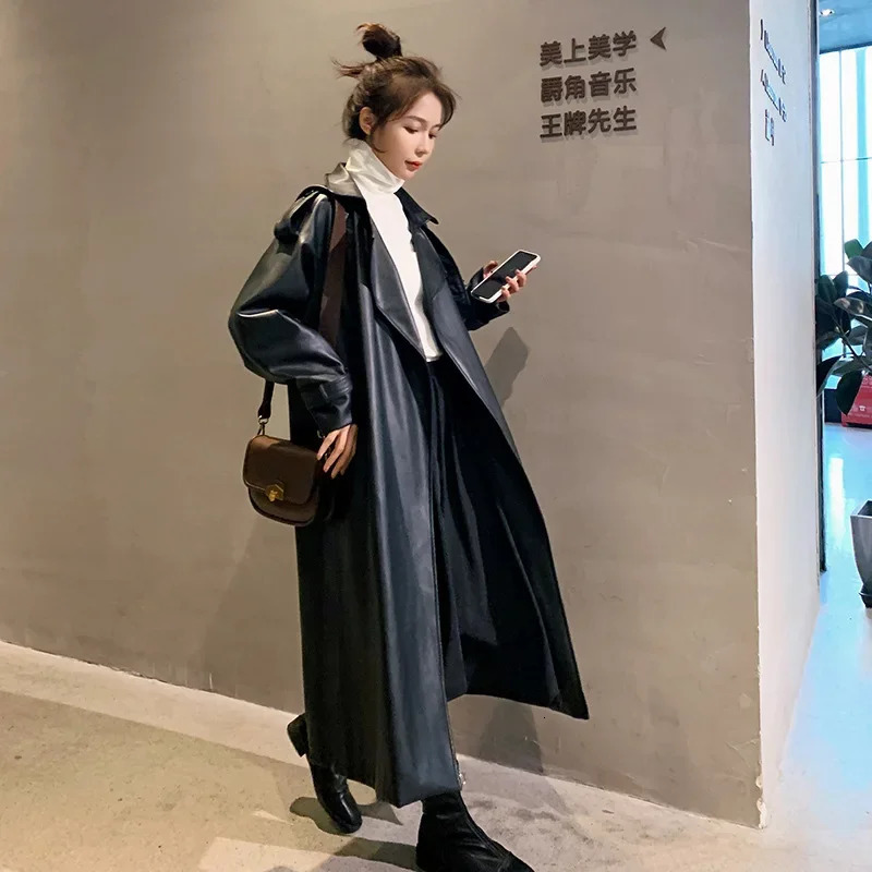 Spring Black Oversized Long Waterproof Leather Trench Coat for Women 2023 Sleeve Loose Korean Fashion Clothing 241115