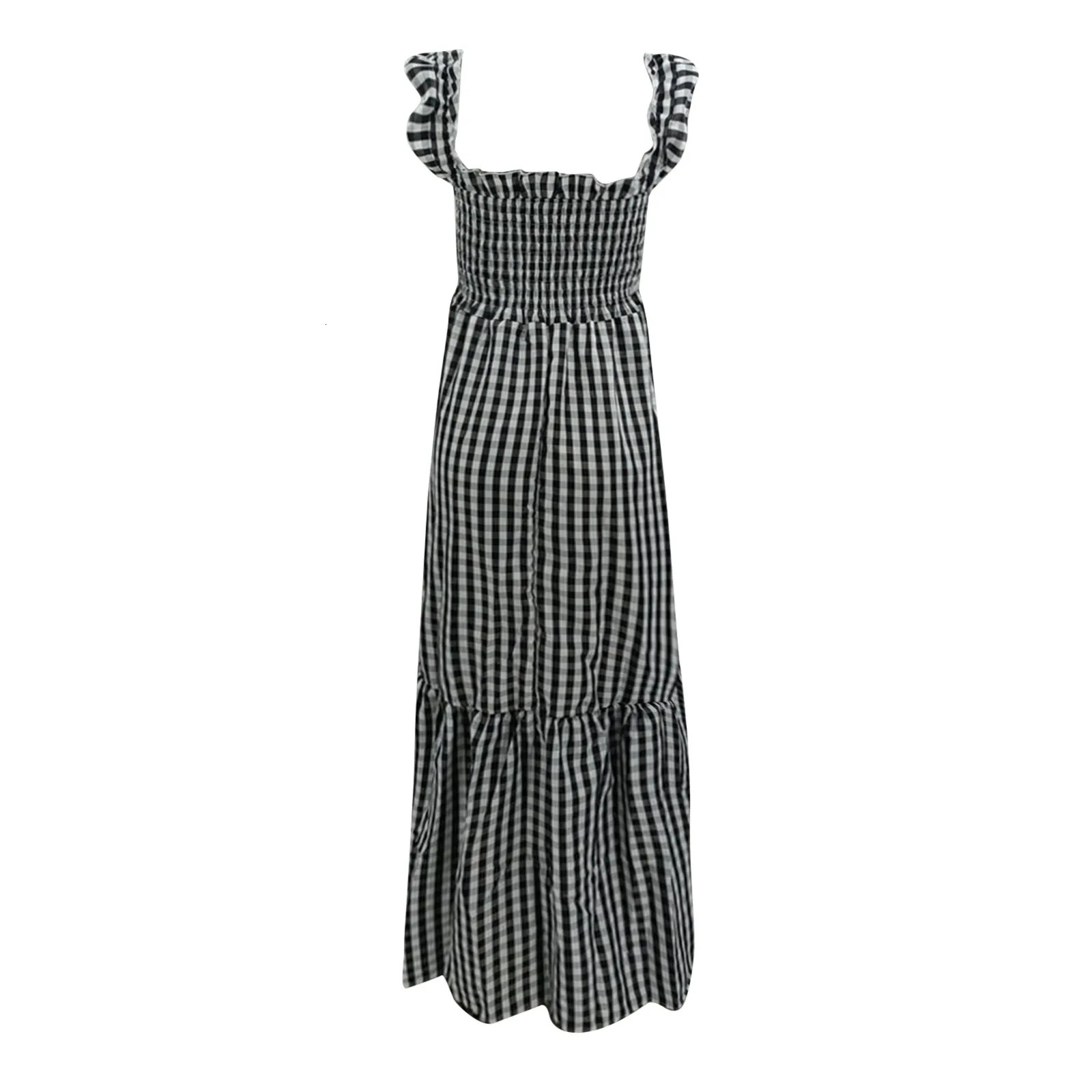 LadieS Dress Summer Sleeveless Crew V Neck Smocked Flowy Tiered A Line Midi Dresses With High Waist Woman Clothing 240419