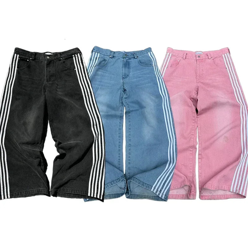 Y2K Jeans Baggy High Quality Embroidered Striped Harajuku Sweatpants Hip Hop Streetwear Casual Wide Leg Denim Pants Aura 241114