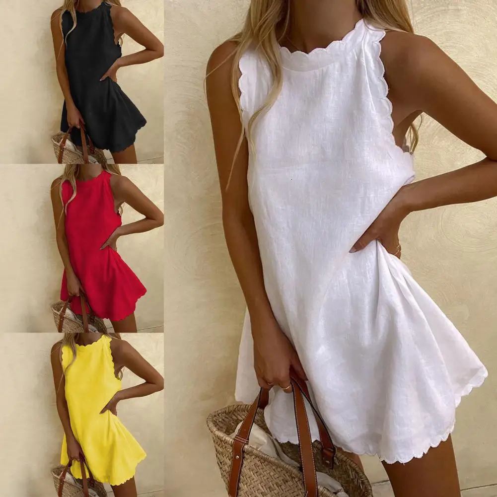 Office Lady Dress Solid Color Wavy Edge Summer Sweet Slimfitting Mini for Daily Wear 240415