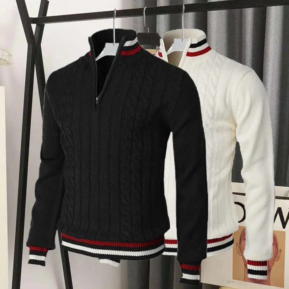 Turtleneck long sleeved zipper collar pullover sweater mens spring and autumn patch work color twisted cross street clothing 241115
