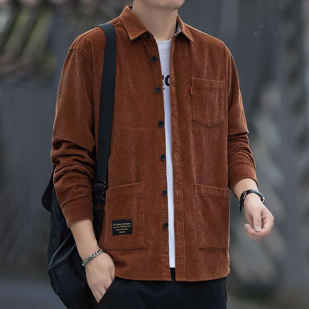 Autumn Pure Cotton Corduroy Long Sleeved Shirt For Men, Casual Workwear Shirt, Loose And Trendy