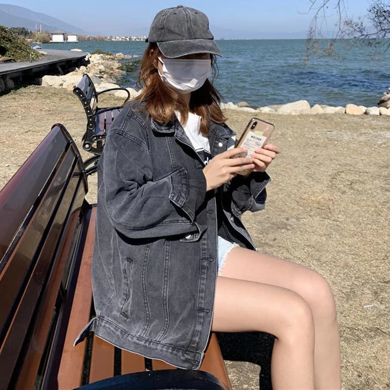 Spring autumn black denim jacket for women Korean simple loose jeans for women fashion button up long sleeved jacket 241115