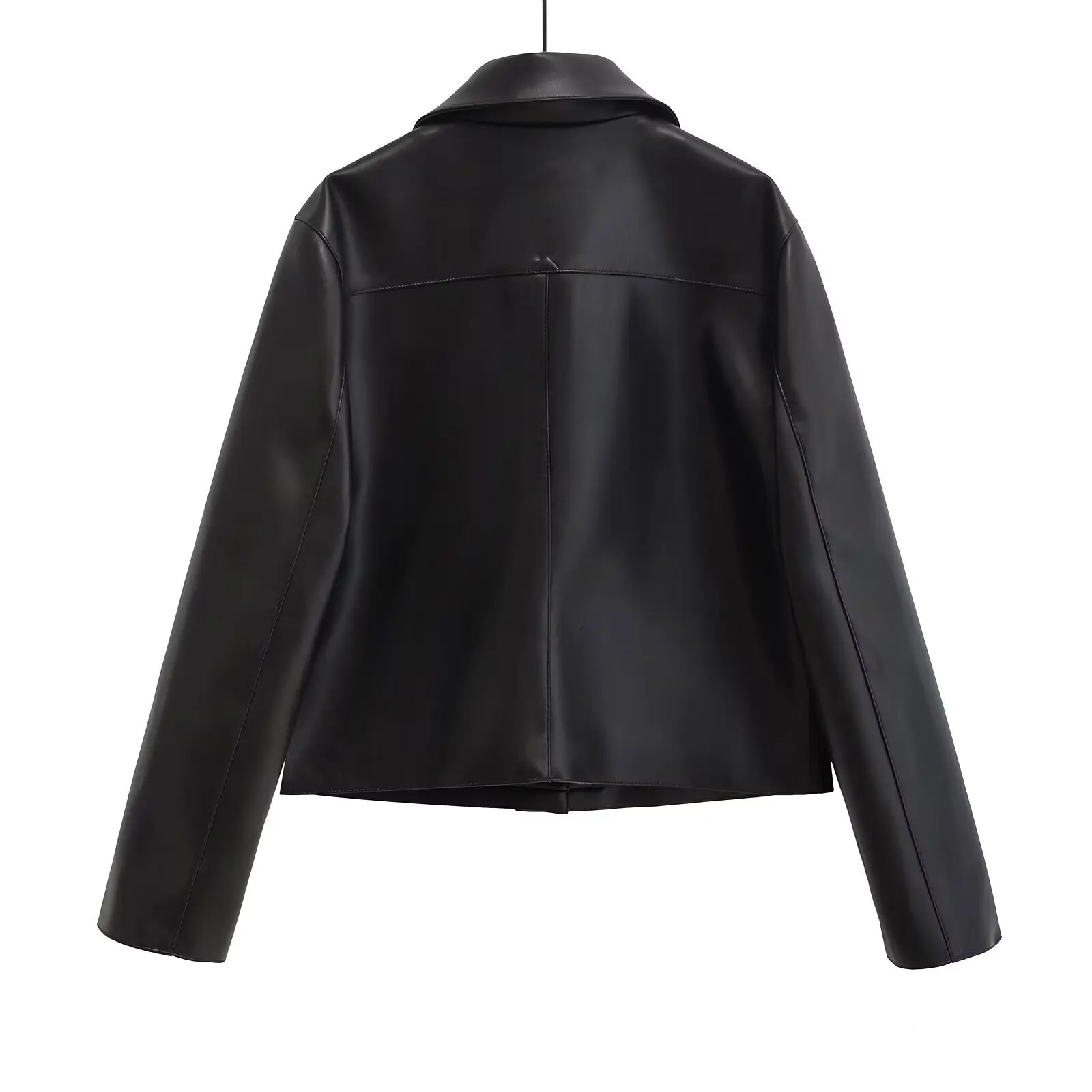 womens leather jacket with pockets single breasted decoration short fashion commuting leisure versatile long sleeved t 241114