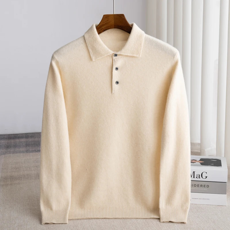 100% Australian wool mens lapel long sleeved polo neck sweater loose top casual knit bottom sweater 241112 - view 3