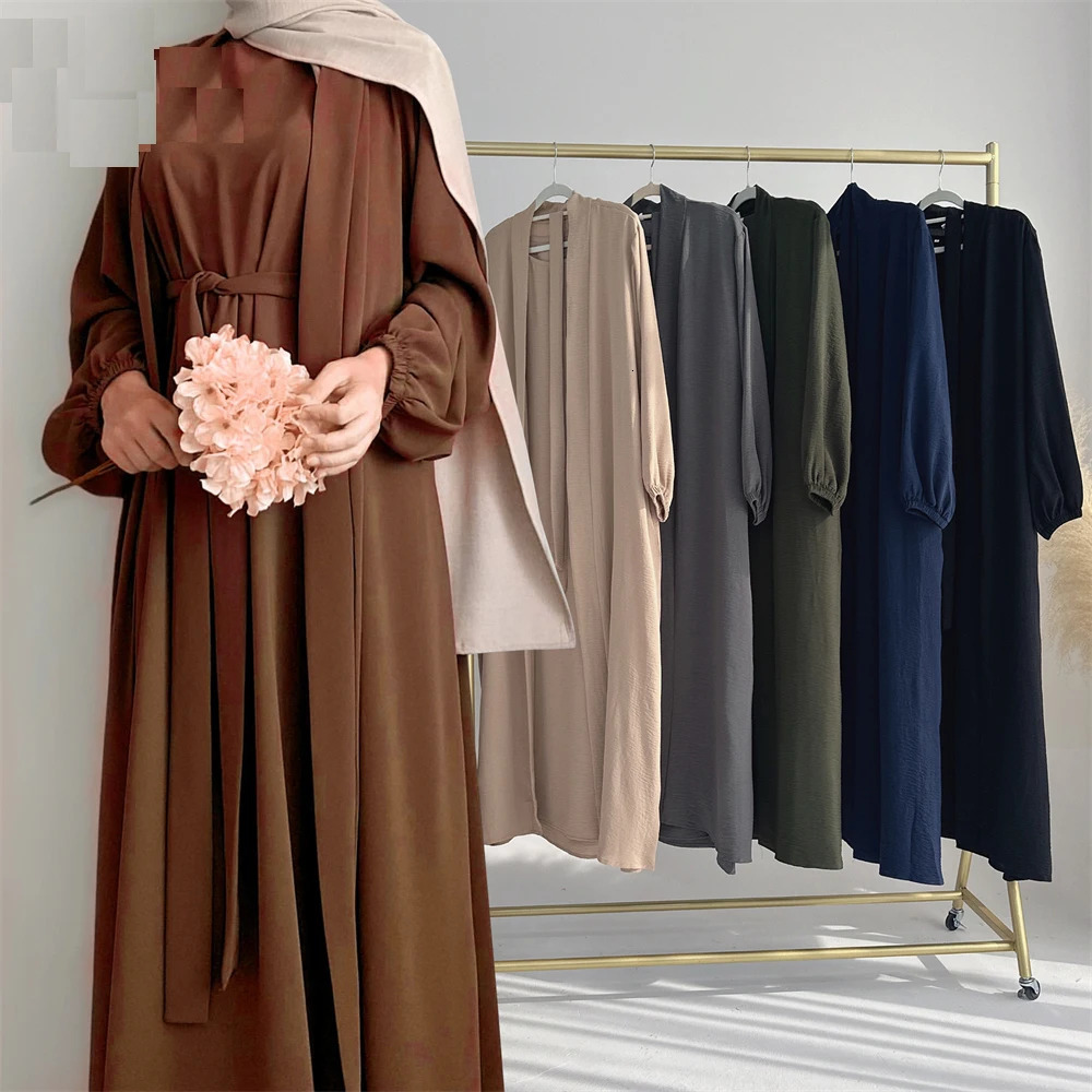 Abaya Suit Pleated Fabric Open AbayInside Long Gown Islamic Costume Muslim Womens Wear Kaftan Ramadan Eid 241111