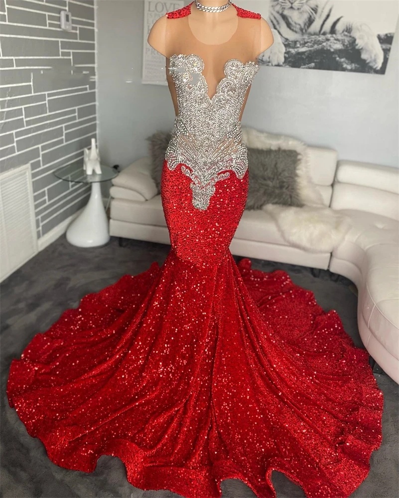 Red O Neck Evening Dresses Black Girls Beaded Crystal Rhinestone Long Prom Gowns Sequined Birthday Party Formal Gown Robe De Bal