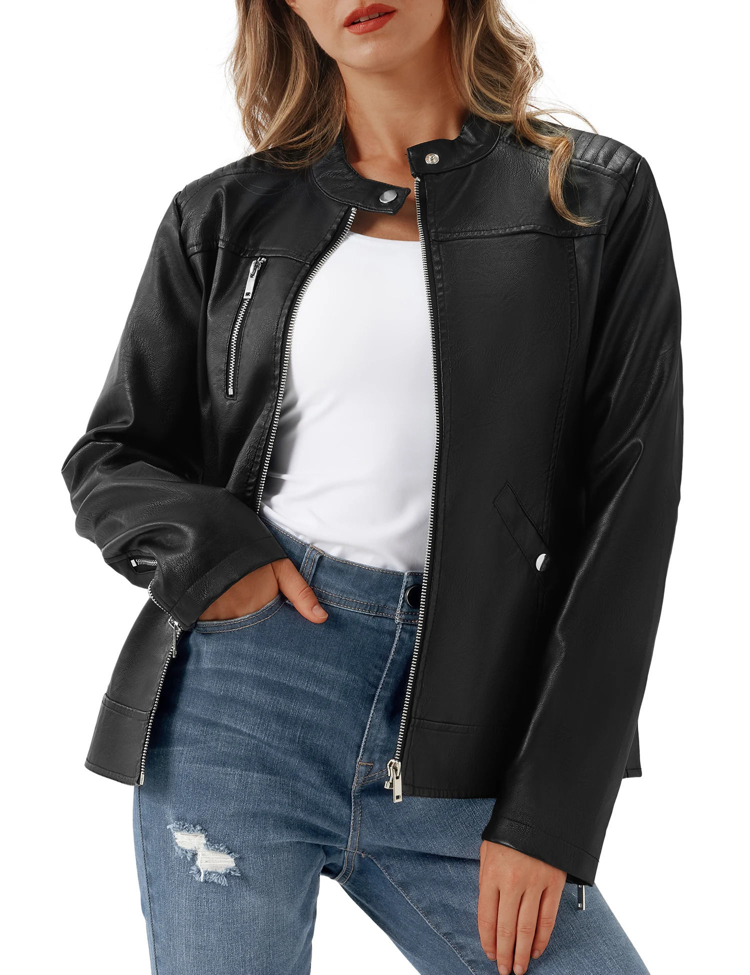 UR Womens Faux Leather Jacket Black Motorcycle Moto Biker Short Coat 241115