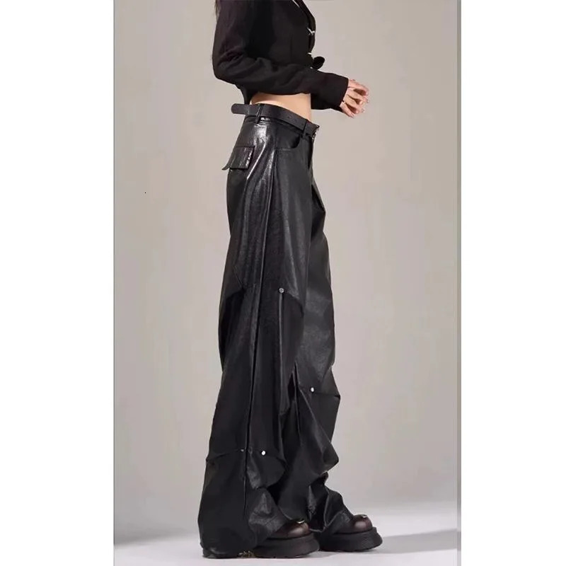 Trendy Autumn American Retro oversized womens leather pants with loose and slim fit ned wrinkles straight leg wide 241115