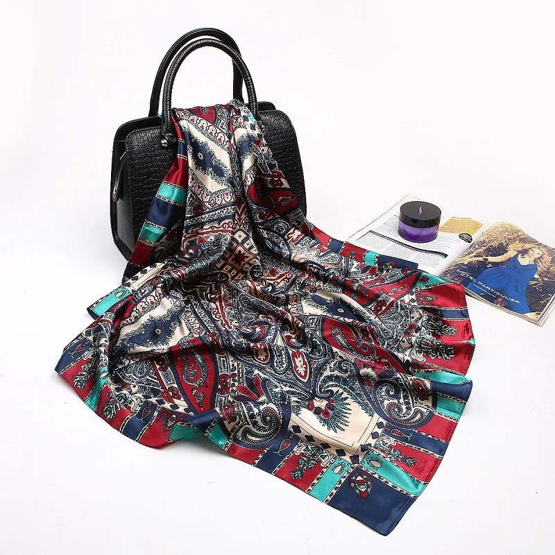 Wholesale Fashion Floral Print Kerchief Silk Satin Shawls and Wraps Hijab Scarfs Female 90cm*90cm Square Bag Scarves For Ladies 240415