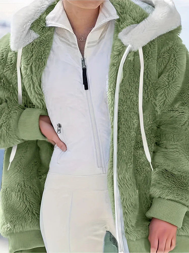 Womens Jacket Plush Zipper Pocket Hooded Long Sleeve Solid Fur Casual Loose Warm Winter Ladies Coats 2024 Fashion Thick Clothes 241115