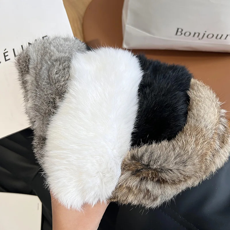 Womens Hand-Knitted Real Rabbit Fur Headband Knitted Fur Scarf Warm Empty Top Plush Hat Autumn and Winter Jewelry Accessories 241115