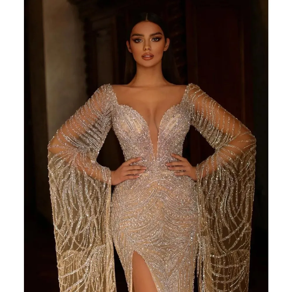 Saudi Arabia 2024 Haute Couture Mermaid Wedding Dress Illusion High Split Bridal Gowns Bride Princess Celebrity Beads Sequins Robes
