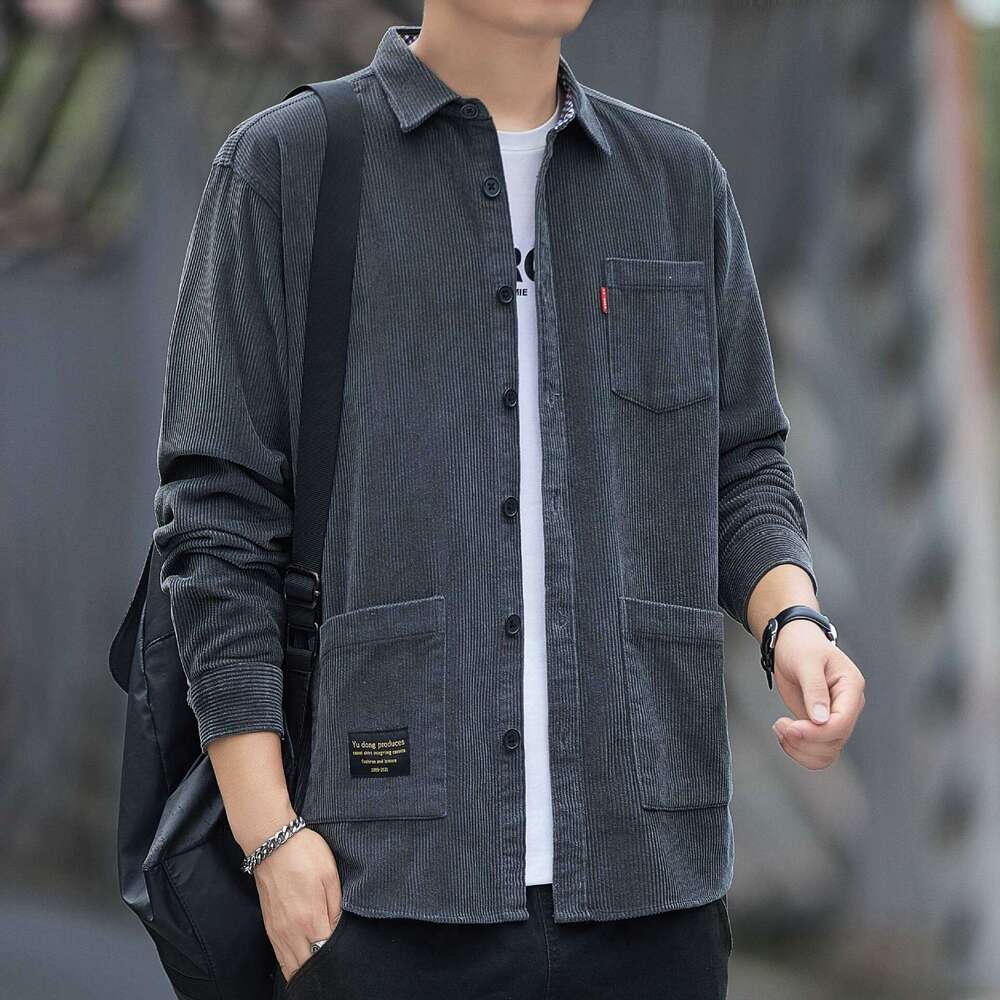 Autumn Pure Cotton Corduroy Long Sleeved Shirt For Men, Casual Workwear Shirt, Loose And Trendy