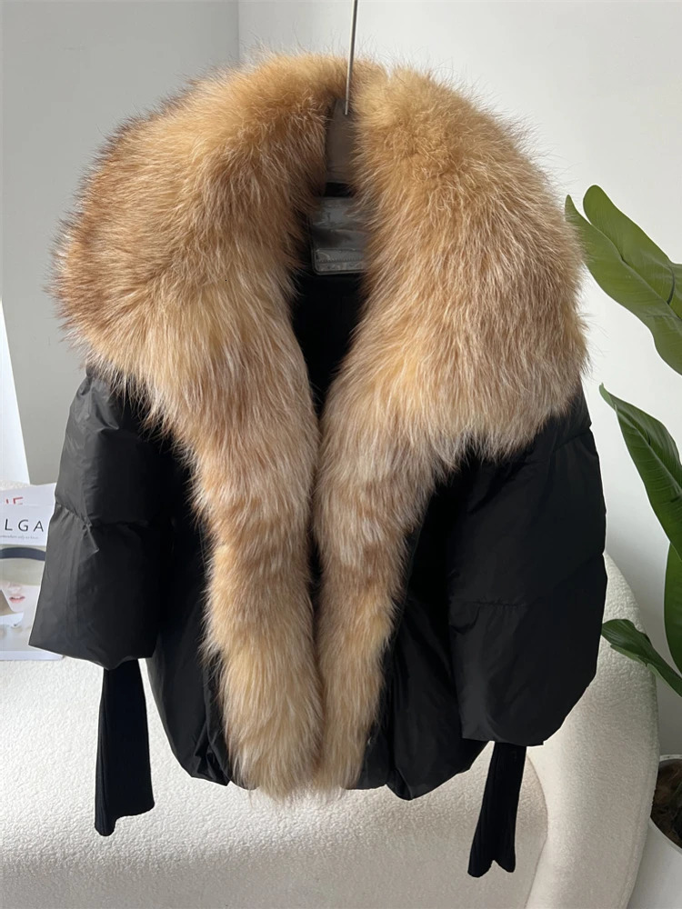 2023 Large Real Silver Fox Fur Collar with Knit Sleeve Winter Women Coat White Duck Down Jacket Super Fashion Outerwear 241115