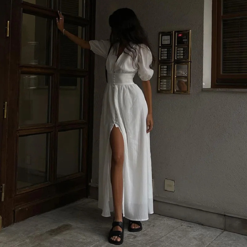 Summer Dress French Puff Sleeve Button Chic Long For Women Party Strapless High Split Casual White Dresses 240415