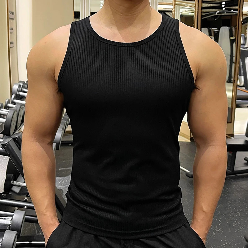 Mens Ribbed Knit Tank Tops Casual Solid Vests Sport Fitness Gym Fashion Skinny Ribber Tanktop Slim Knitted Vest Summer 240415