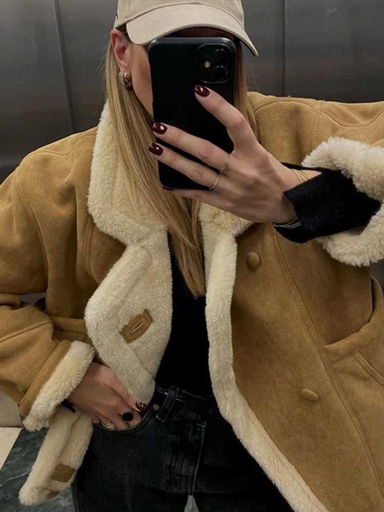 Vintage Wool Lamb Womens Jacket Fashion Patchwork Lapel Long Sleeve Female Coats 2024 Winter Thicken Warm Loose Lady OutwearsC241115