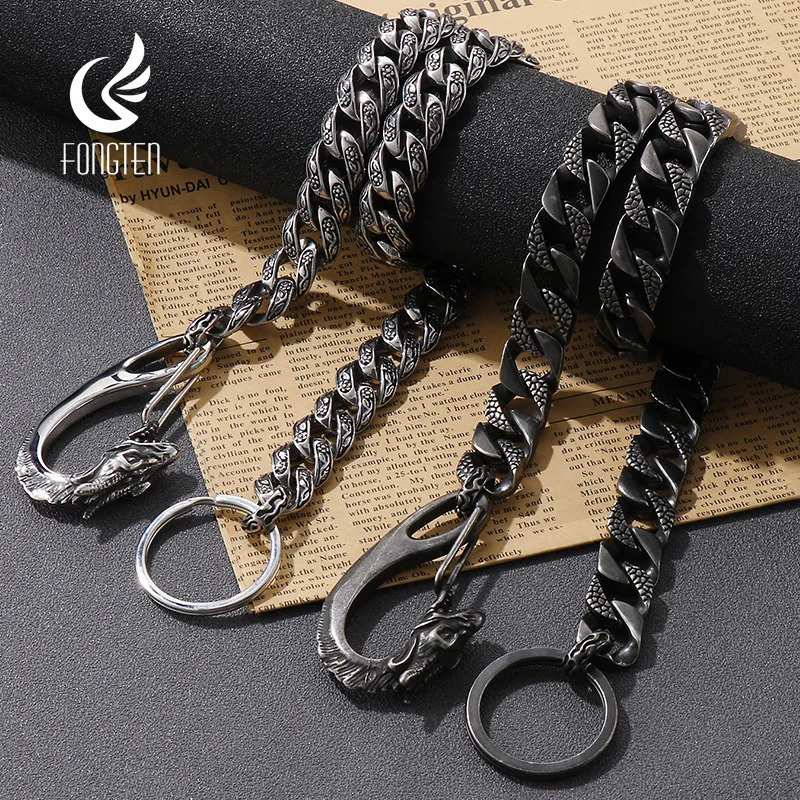 Fongten 60cm Keychain Wallet with Chain Rock Punk Cuban Pants Chain Dragon Buckle Stainless Steel Hip Hop Jewelry Mens Keychain 241115