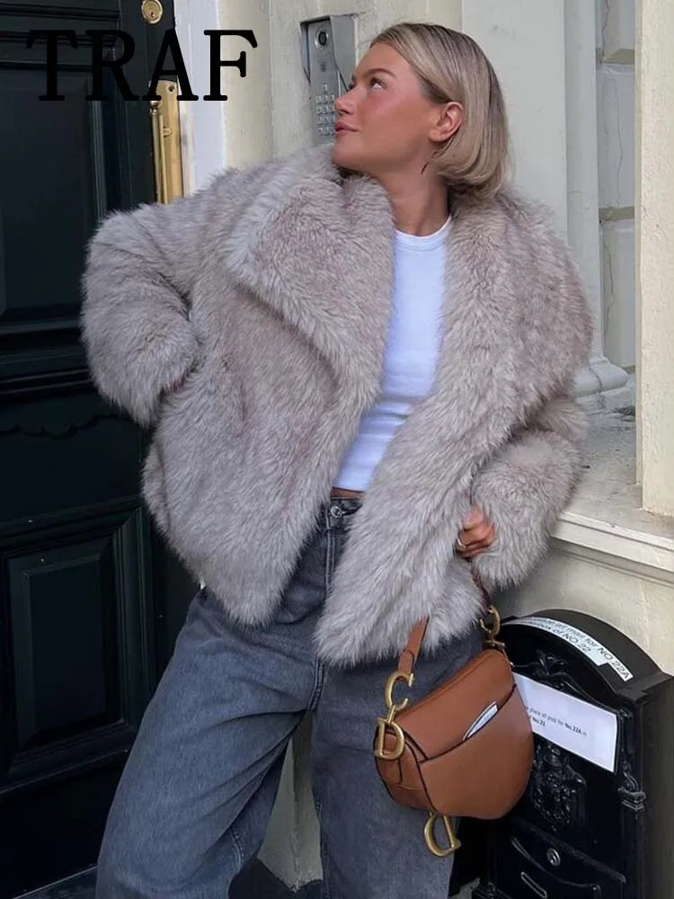 TRAF Faux Fur Cropped Jackets for Women Coats Thick Warm Soft Jacket Woman 2024 Long Sleeve Casual Winter Coat In Outerwear 241115