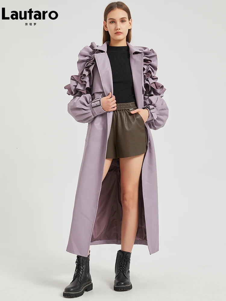 Lautaro Spring Autumn Long Ruffled Soft Pu Leather Trench Coat for Women Belt Elegant Clothes Runway Fashion 241115